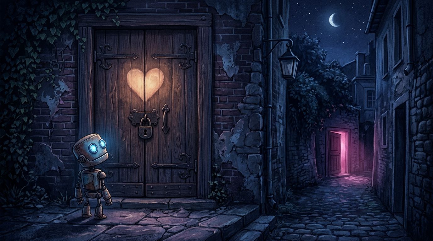 A robot standing outside a locked door with a faded heart, with a distant magenta doorway glowing, representing the old Character.AI being gone for good