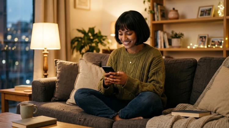 AI girlfriend with a short black bob and an olive cable-knit sweater, sitting cross-legged on a sofa in a lamp-lit apartment and smiling as she types on her phone