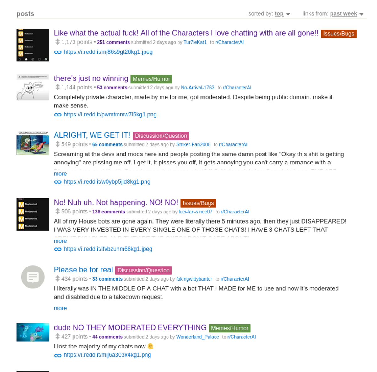 Reddit search results for moderation-related posts on r/CharacterAI showing dozens of frustrated users