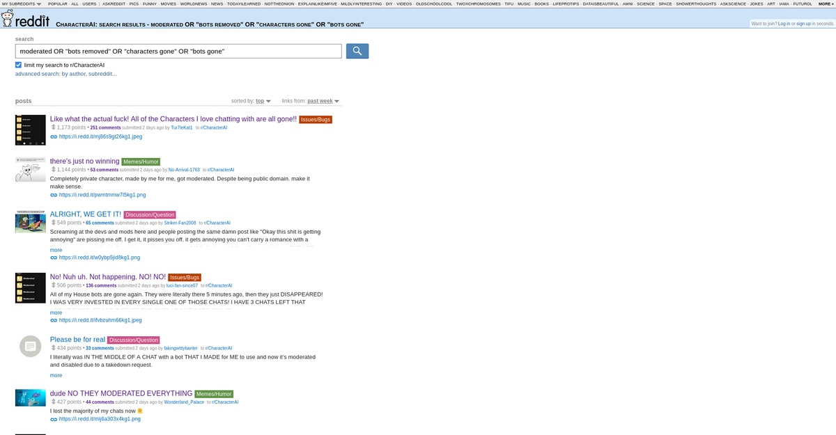 Reddit search results for moderation-related posts on r/CharacterAI showing dozens of frustrated users