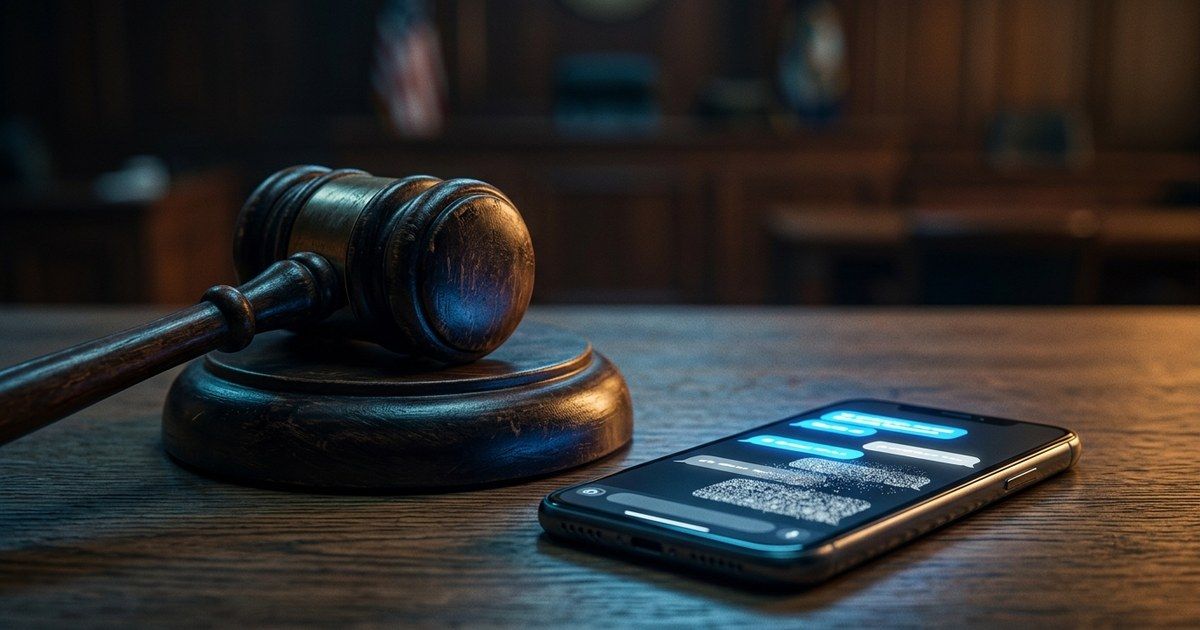 A judge’s gavel next to a phone with fading chat bubbles, representing Character.AI’s bankruptcy filing
