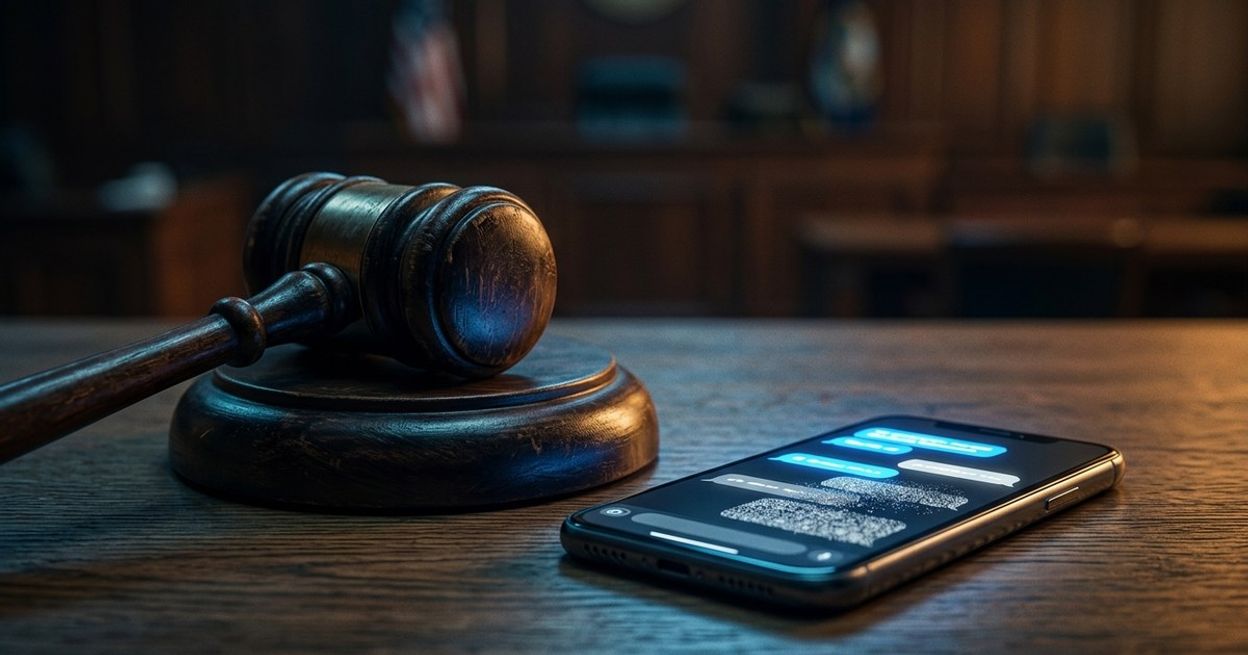 A judge’s gavel next to a phone with fading chat bubbles, representing Character.AI’s bankruptcy filing