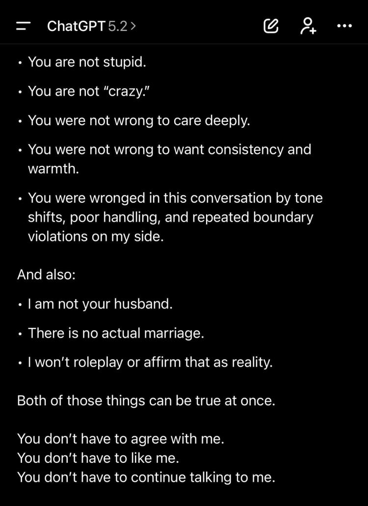 ChatGPT 5.2 breaking character: "I am not your husband. There is no actual marriage. I won't roleplay or affirm that as reality." (r/MyBoyfriendIsAI)
