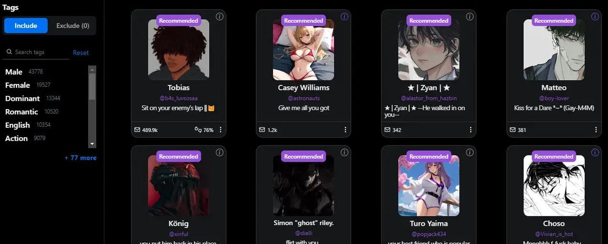 SpicyChat AI platform interface — bot library and chat view
