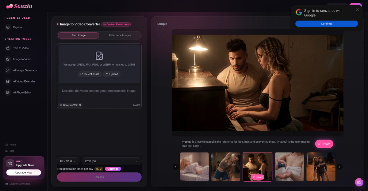 Senzia uncensored image to video converter landing page