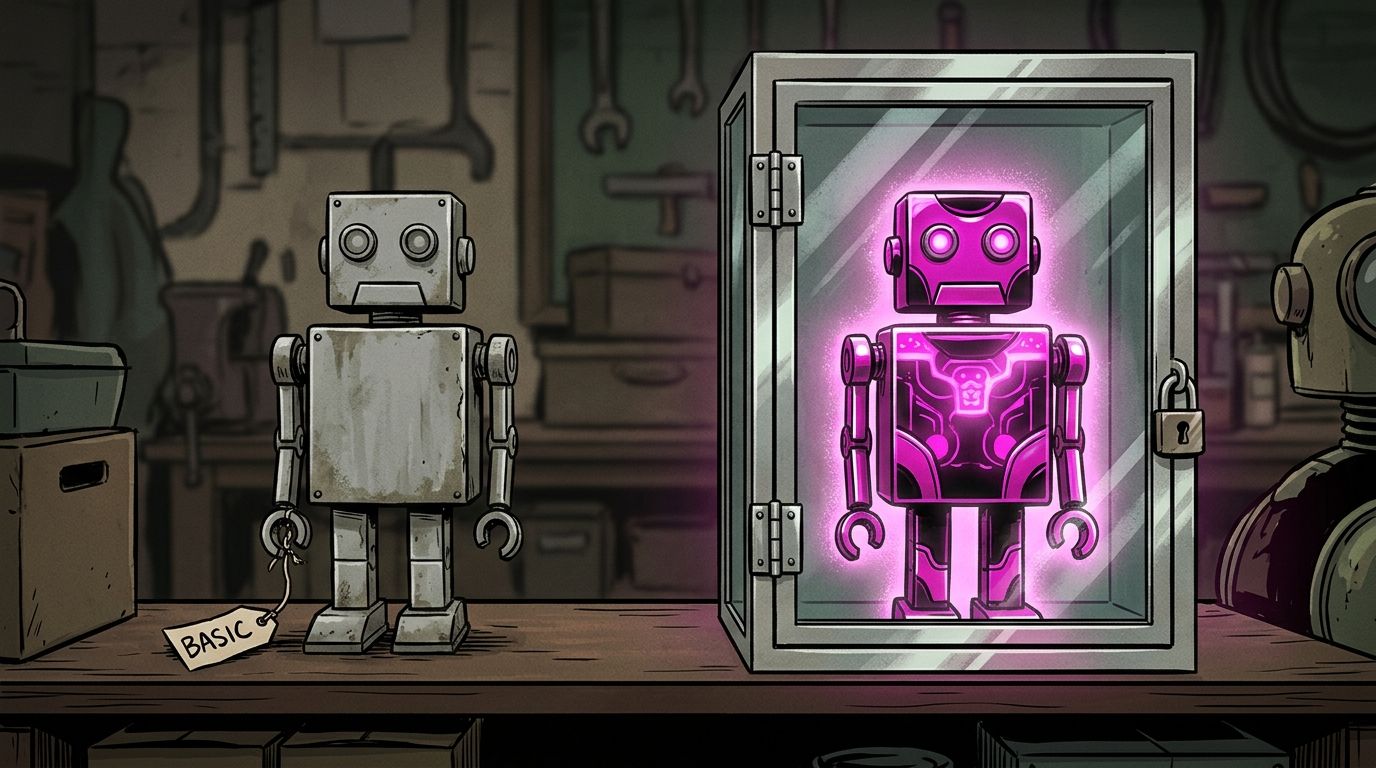 Two robots on a shelf, a plain grey free one and a premium magenta one locked behind glass, representing Character.AI Pipsqueak 2 versus the paywalled Deepsqueak