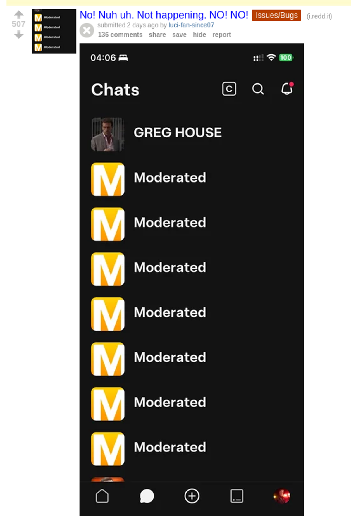 Reddit post showing House bots all marked as Moderated on Character.AI with 507 upvotes