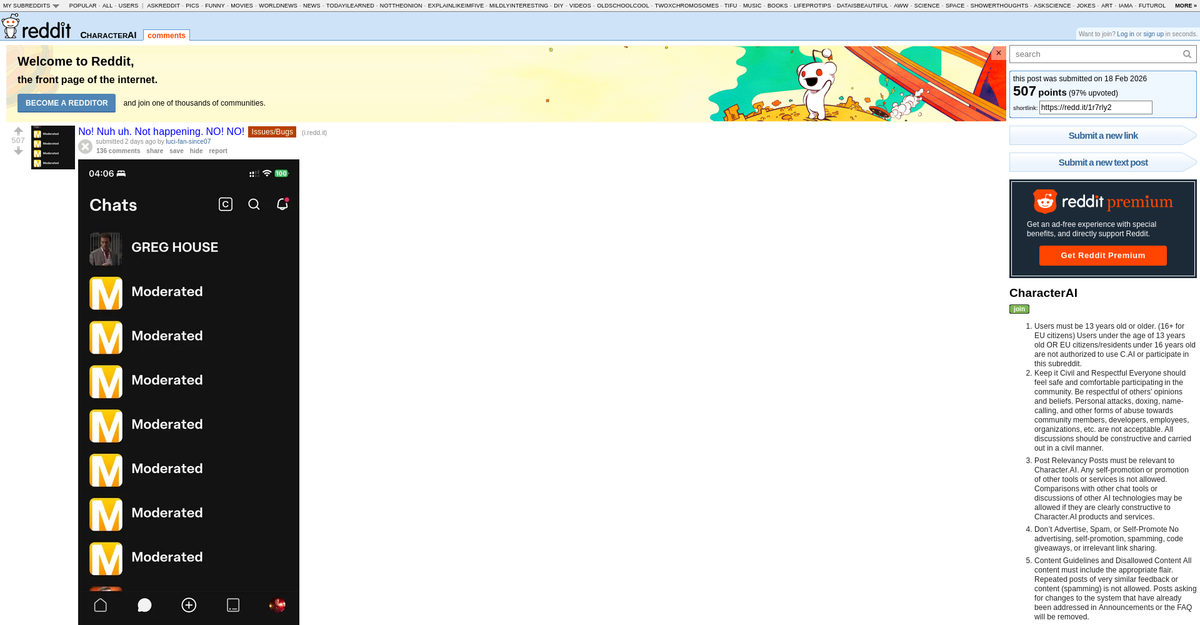 Reddit post showing House bots all marked as Moderated on Character.AI with 507 upvotes