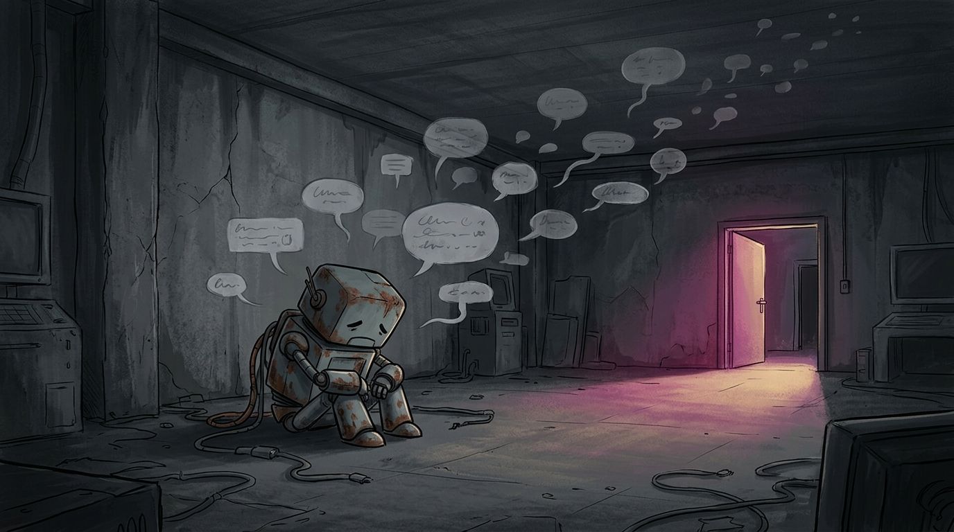 A dejected robot in a dim room as faded chat bubbles drift away and a glowing exit door stands open, representing Character.AI users leaving after the 2026 model changes