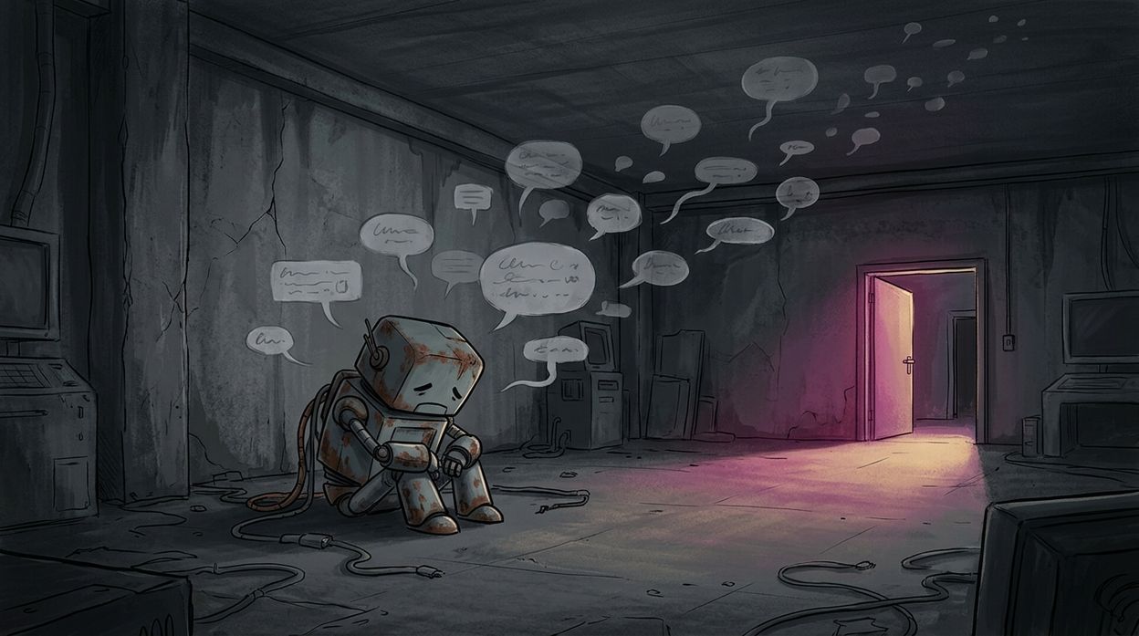 A dejected robot in a dim room as faded chat bubbles drift away and a glowing exit door stands open, representing Character.AI users leaving after the 2026 model changes