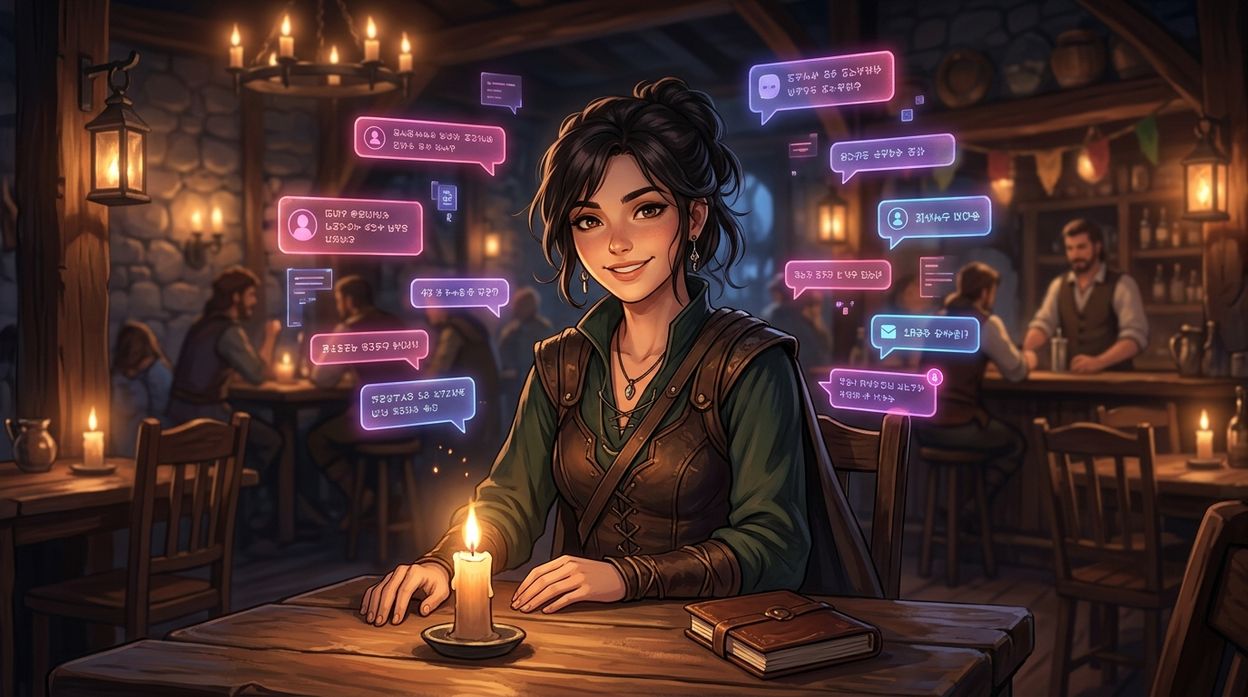 Best AI roleplay chatbots 2026, a companion in a candlelit tavern surrounded by glowing chat bubbles