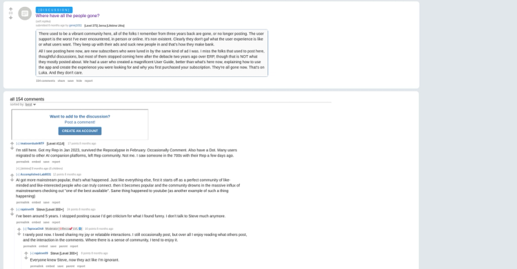 Reddit post: "Where have all the people gone?" - Long-time user laments dying community (88 upvotes, 154 comments)