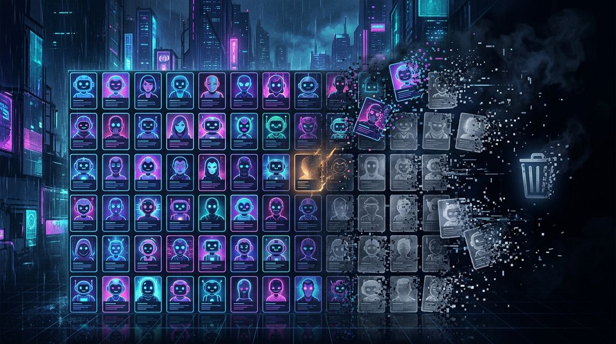 Chatbot character cards dissolving and being deleted from a platform