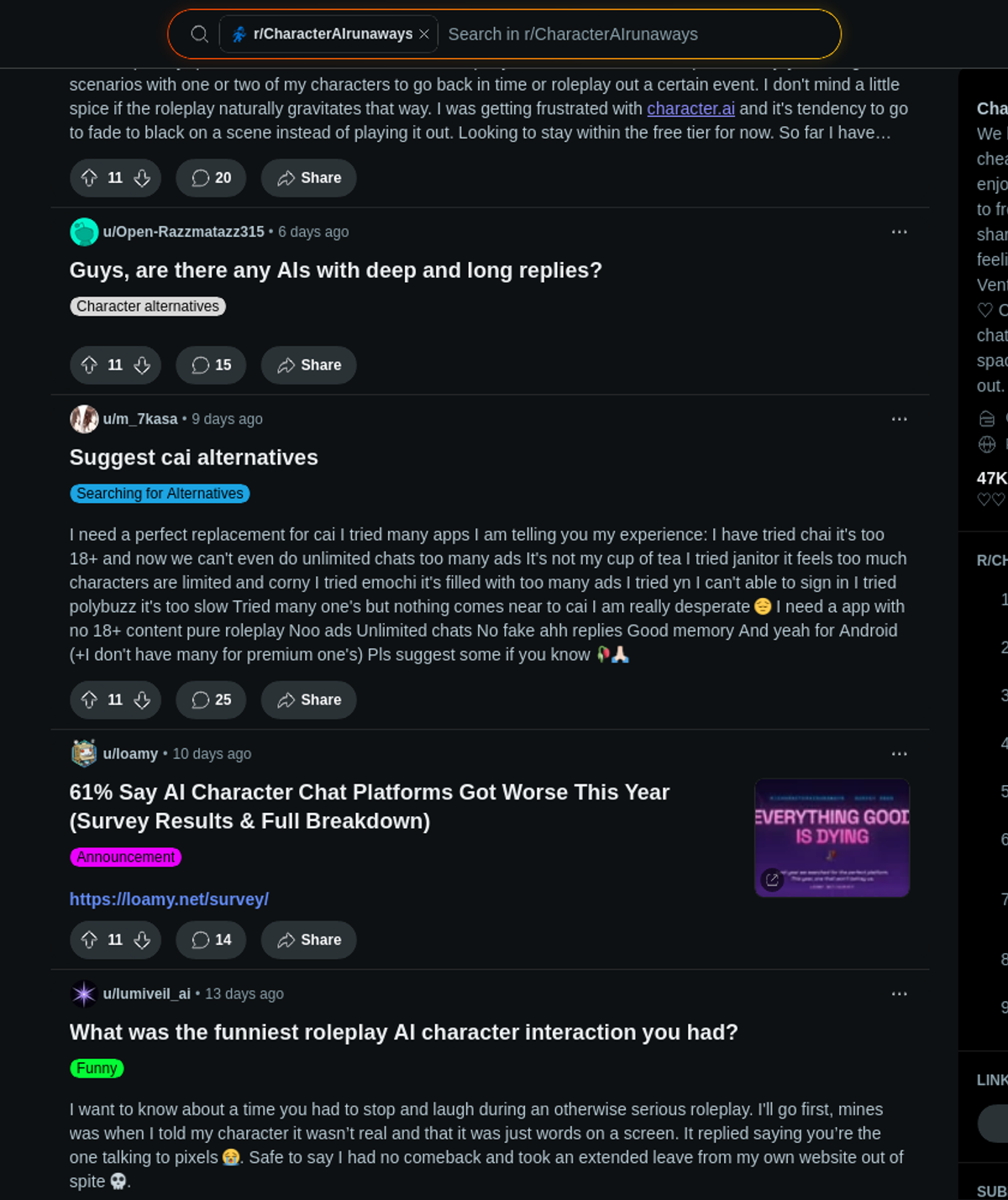 Reddit r/CharacterAIrunaways users asking for Character AI alternatives after the platform tightened its filters
