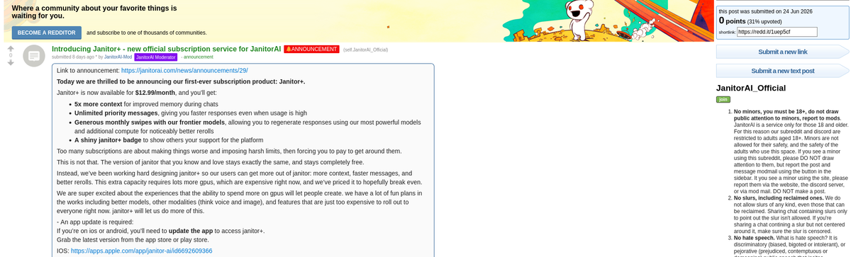 Janitor+ launch announcement on r/JanitorAI_Official sitting at a score of 0, 31 percent upvoted