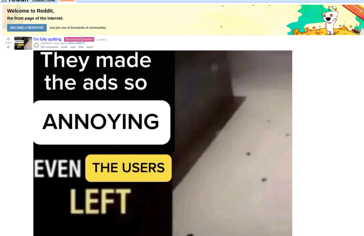 Reddit post about quitting Character AI over intrusive ads