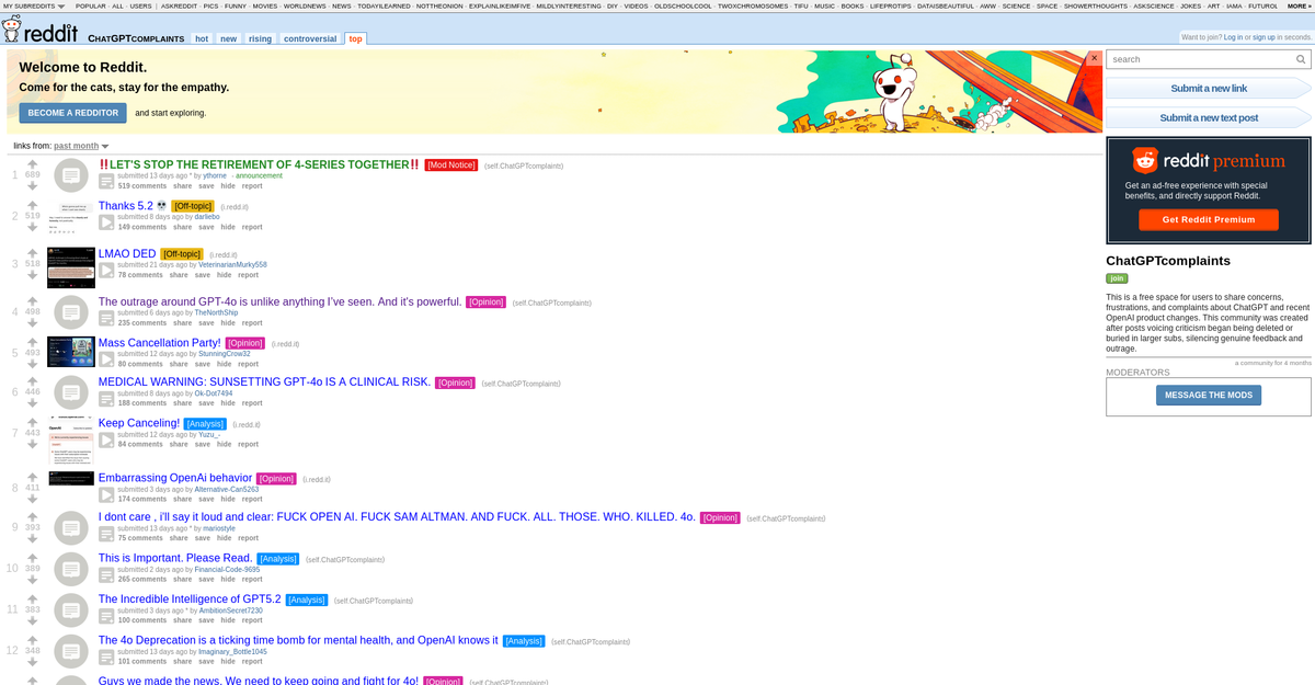 r/ChatGPTcomplaints subreddit showing top posts about GPT-4o retirement