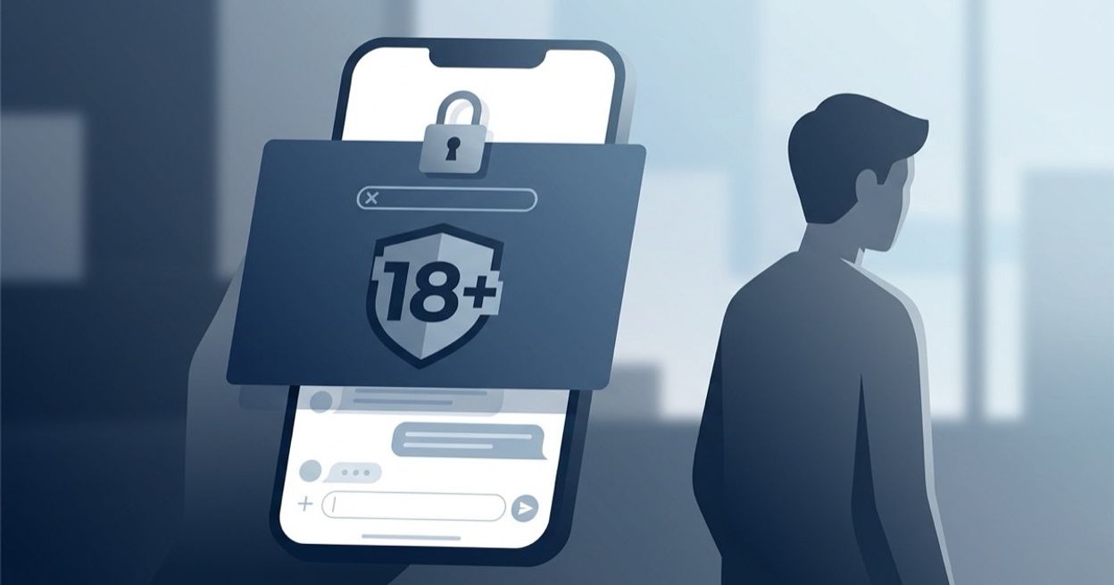 An AI chat app blocked by an 18-plus age-restriction gate, representing Character.AI’s under-18 ban