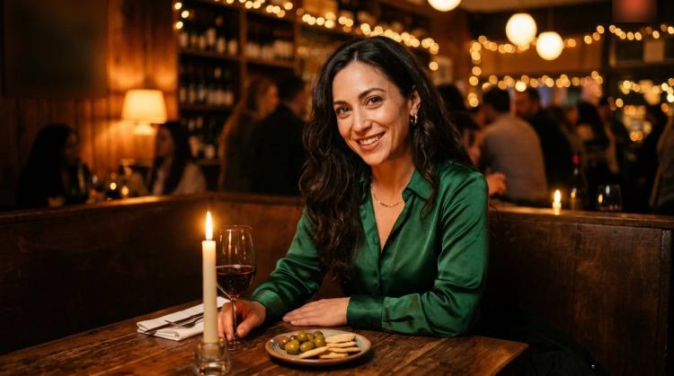 AI girlfriend with long dark wavy hair in an emerald satin blouse smiling across a candlelit table in a cozy wine bar at night