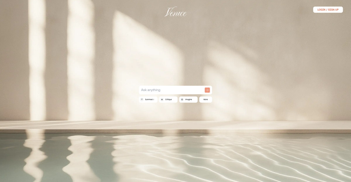 Venice AI landing page — privacy-focused AI chat