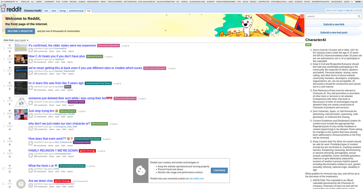Reddit r/CharacterAI top posts in June 2026 showing backlash over removed models and the Plus paywall