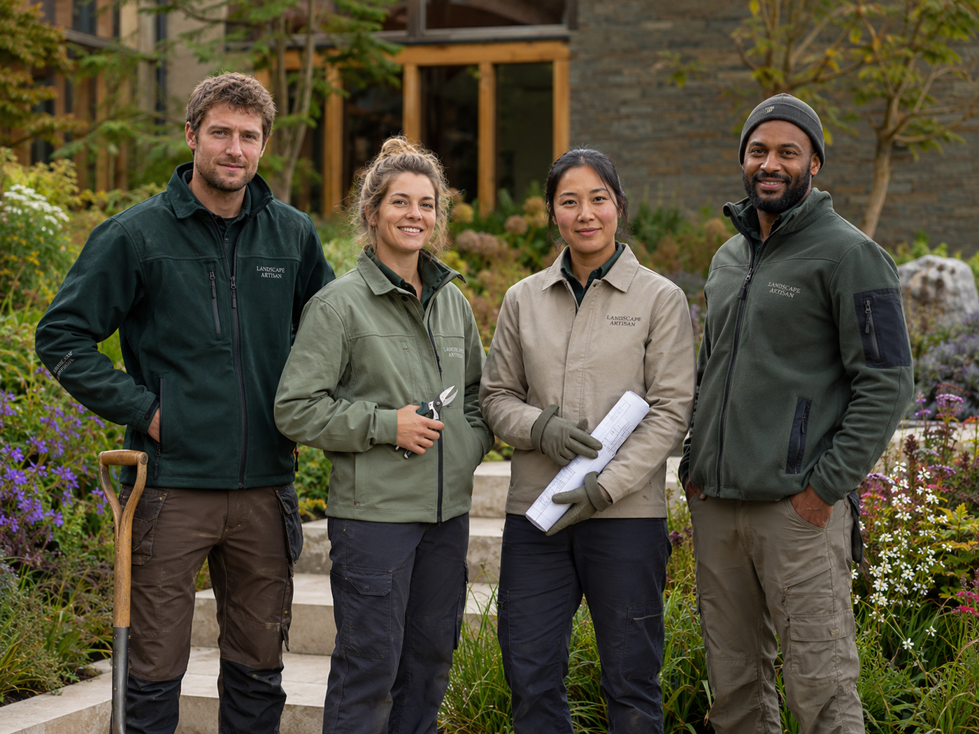 Landscape Artisan team standing together in a planted garden
