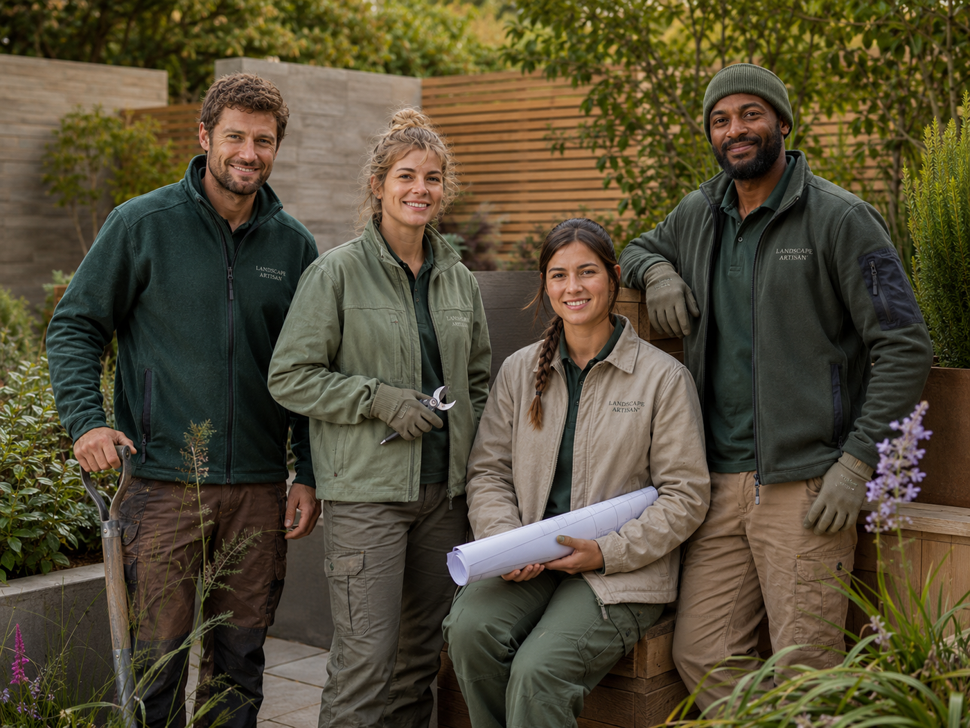 Landscape Artisan team in a finished garden with planting plans