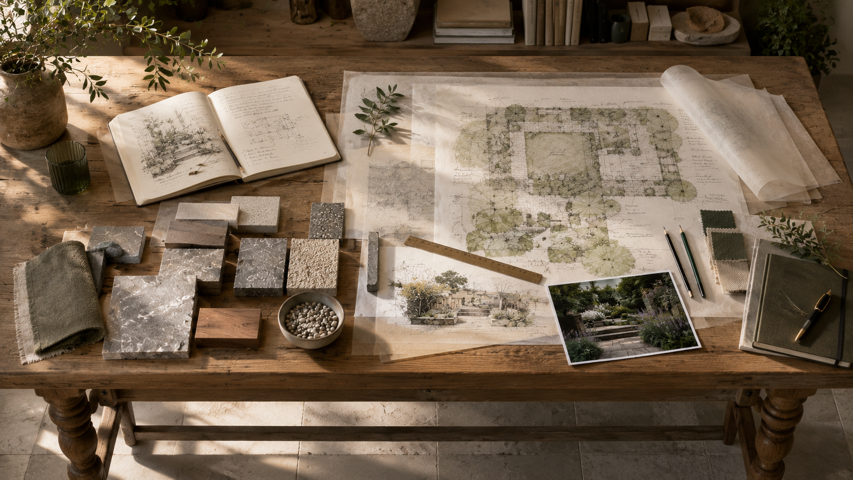 Hand-drawn garden design plans with material samples and planting notes