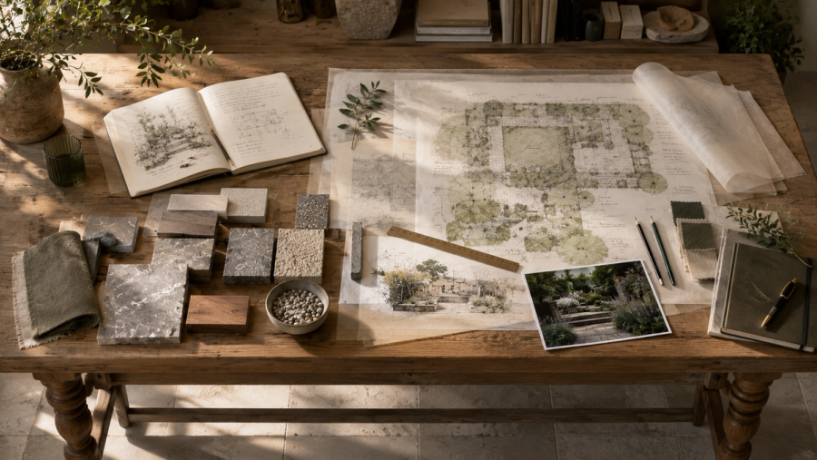 Landscape design desk with hand-drawn garden plans, material samples and planting notes
