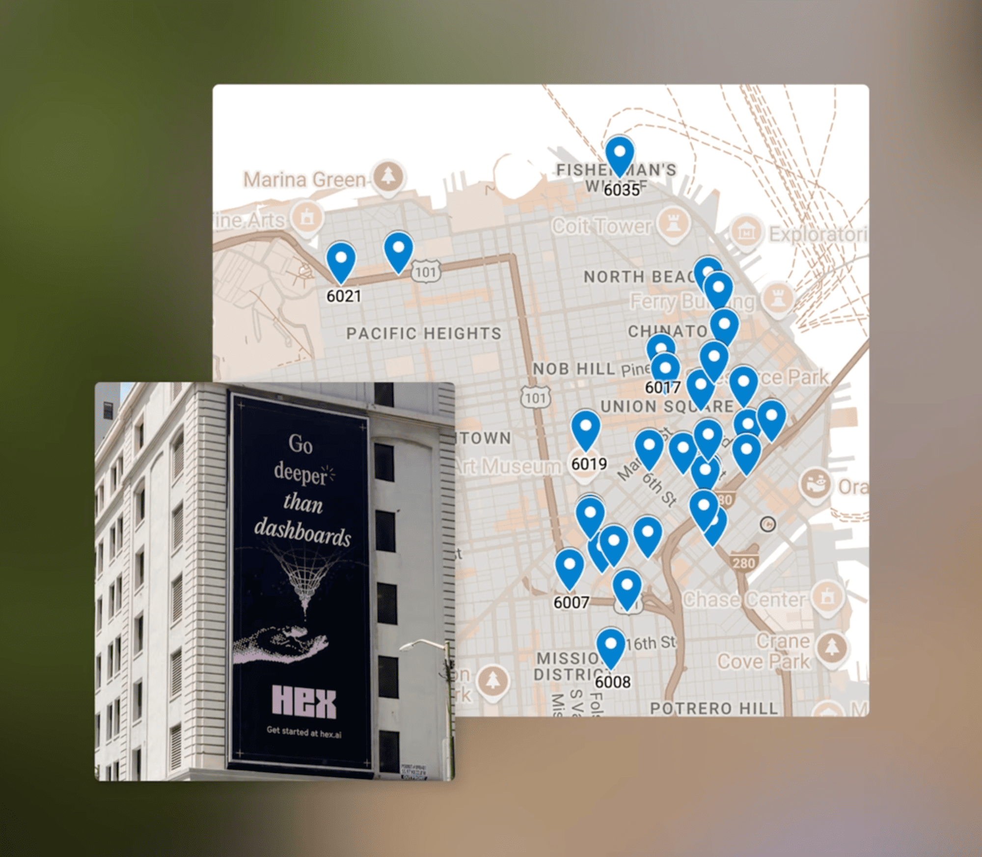 Interactive map with location points for where Hex's target audience is probably located, which would be great spots for a billboard