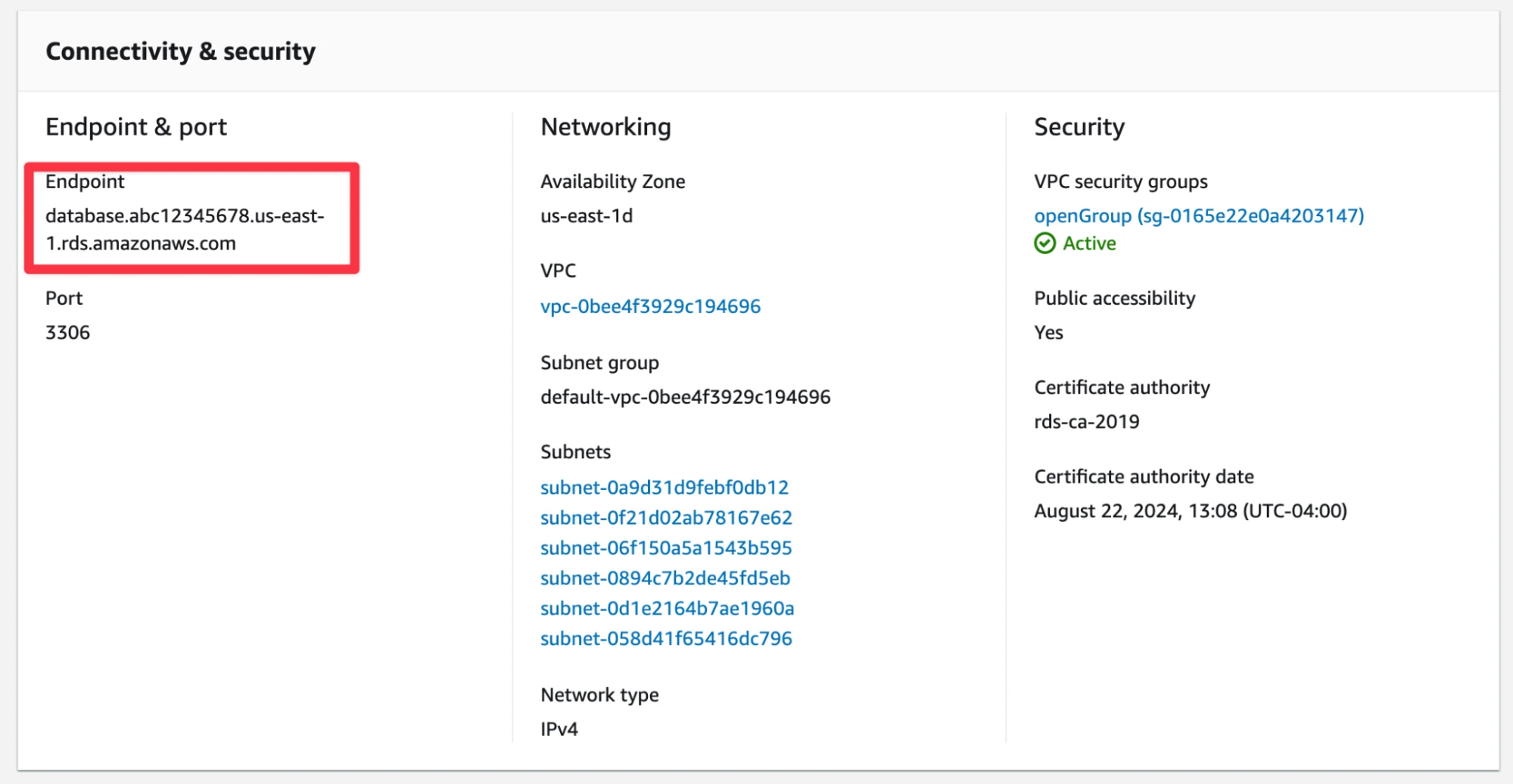 MySQL host address in RDS