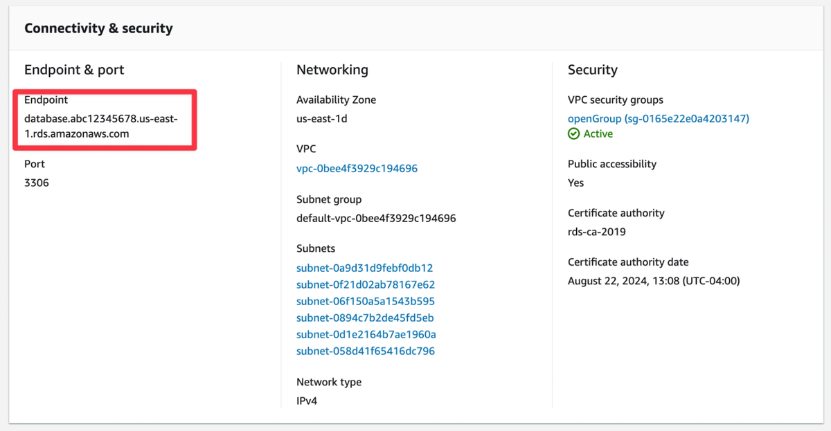 MySQL host address in RDS