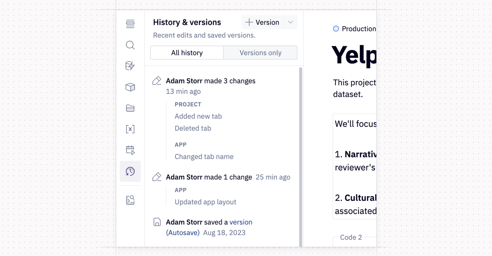 Hex’s version control feature 