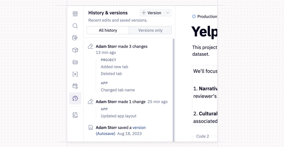 Hex’s version control feature 