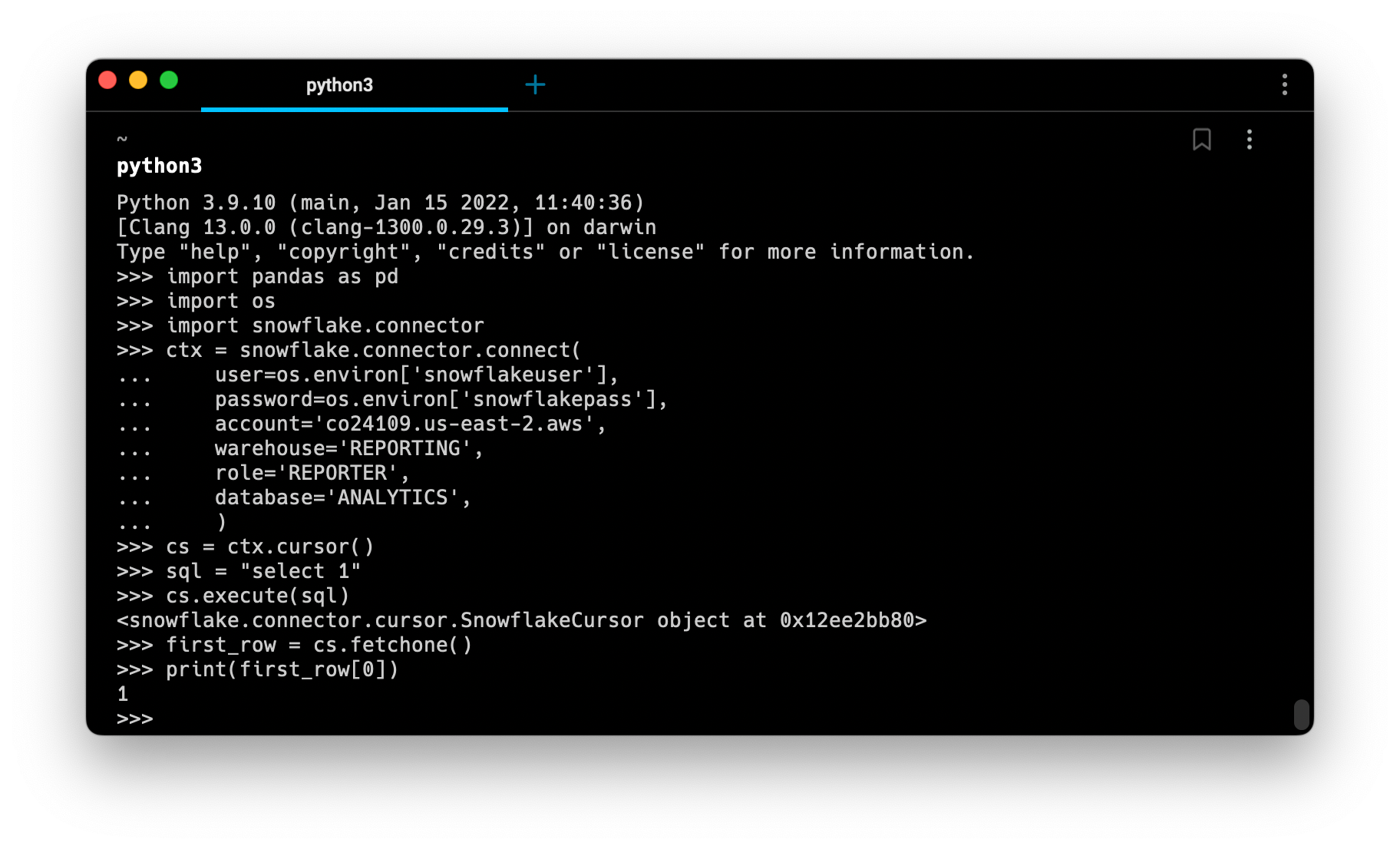 Running a simple query in Snowflake with Python