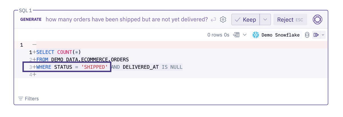 This query should filter on STATUS = 'Shipped', but it's hallucinating SHIPPED. 