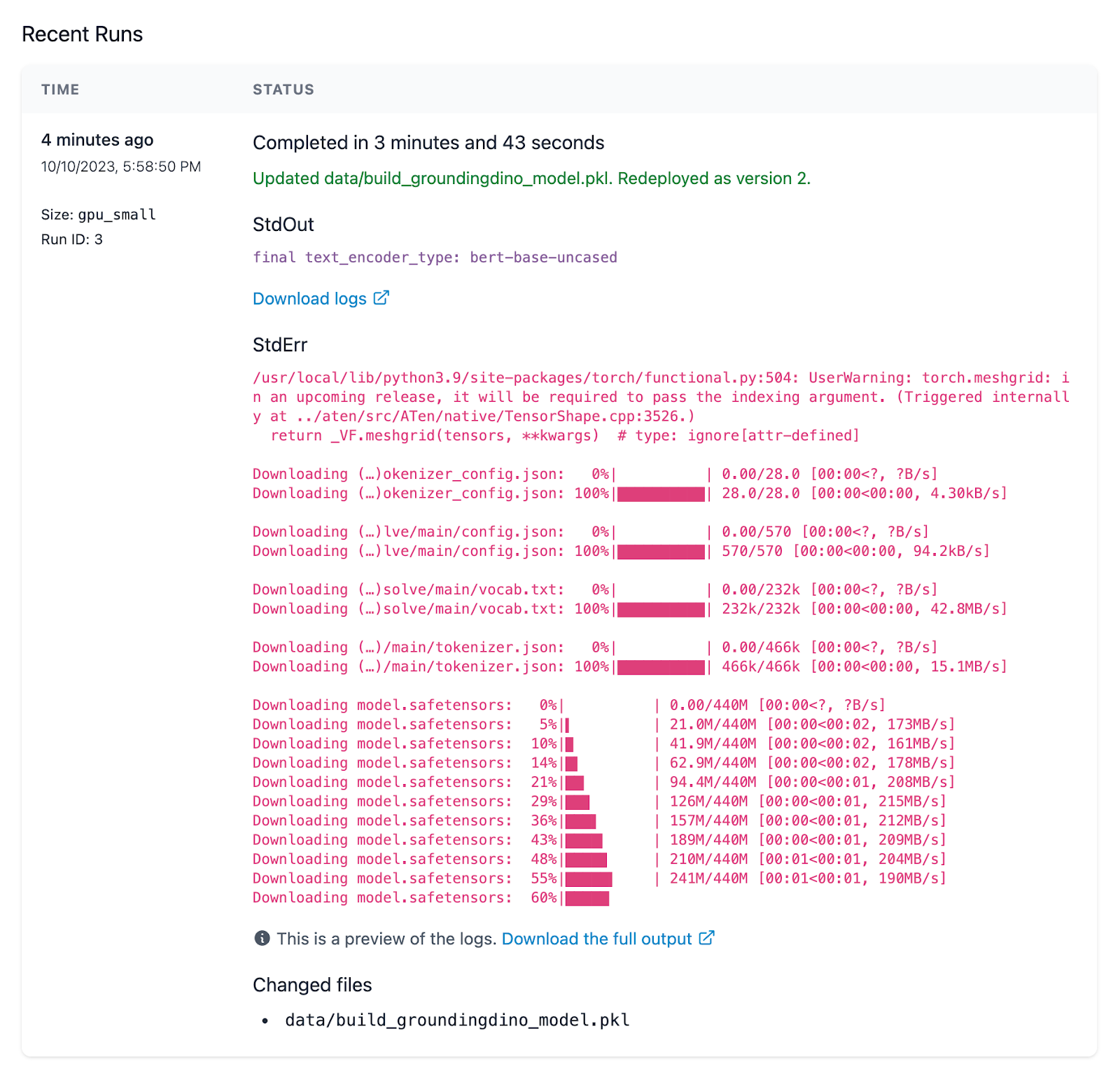 Modelbit recent runs