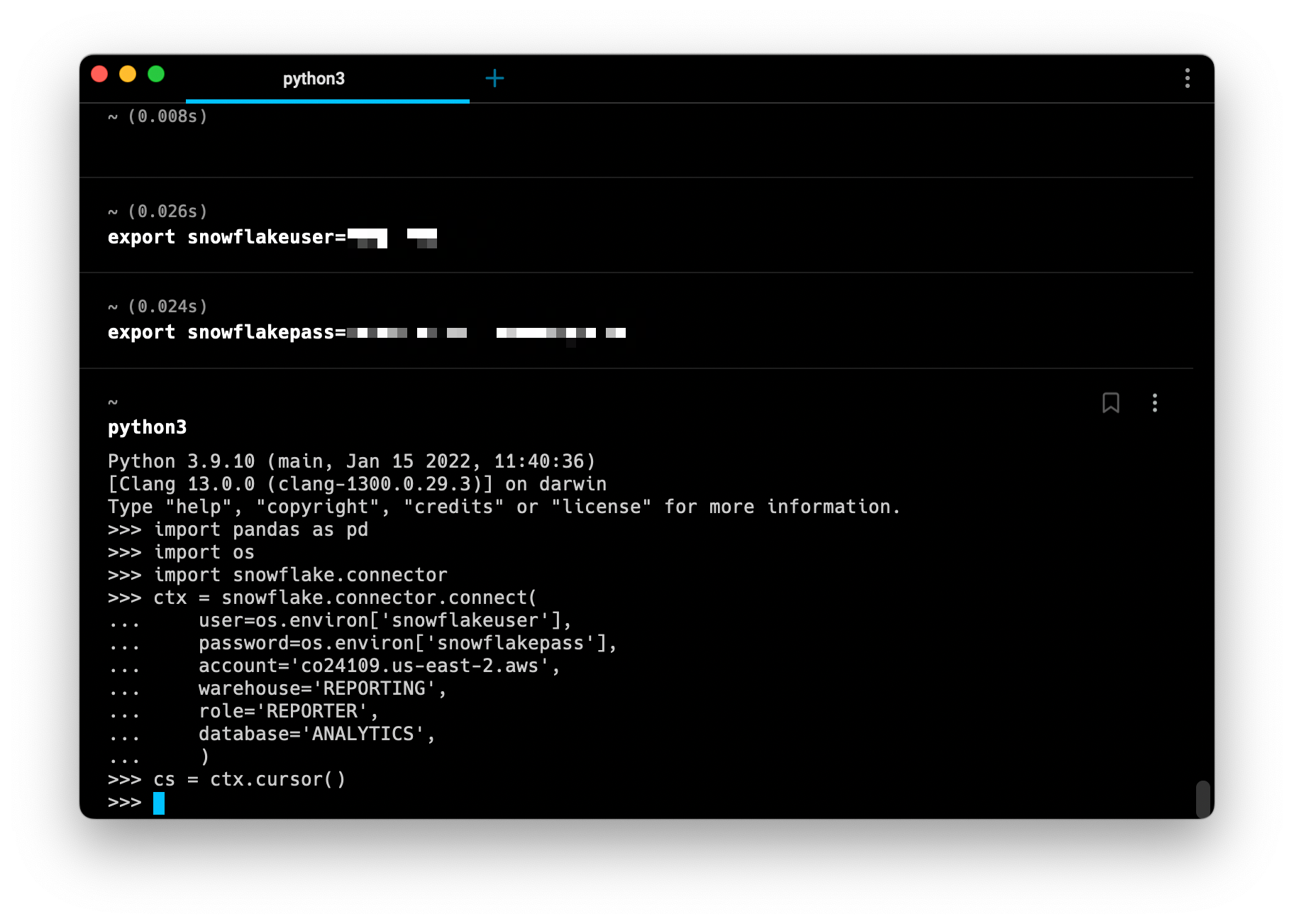 Setting environment variables and opening a connection