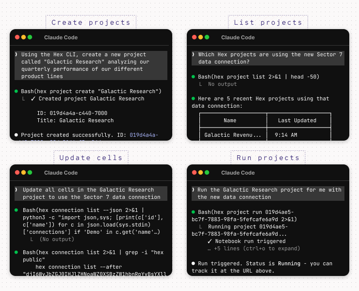 Example commands you can do with the Hex CLI in Claude