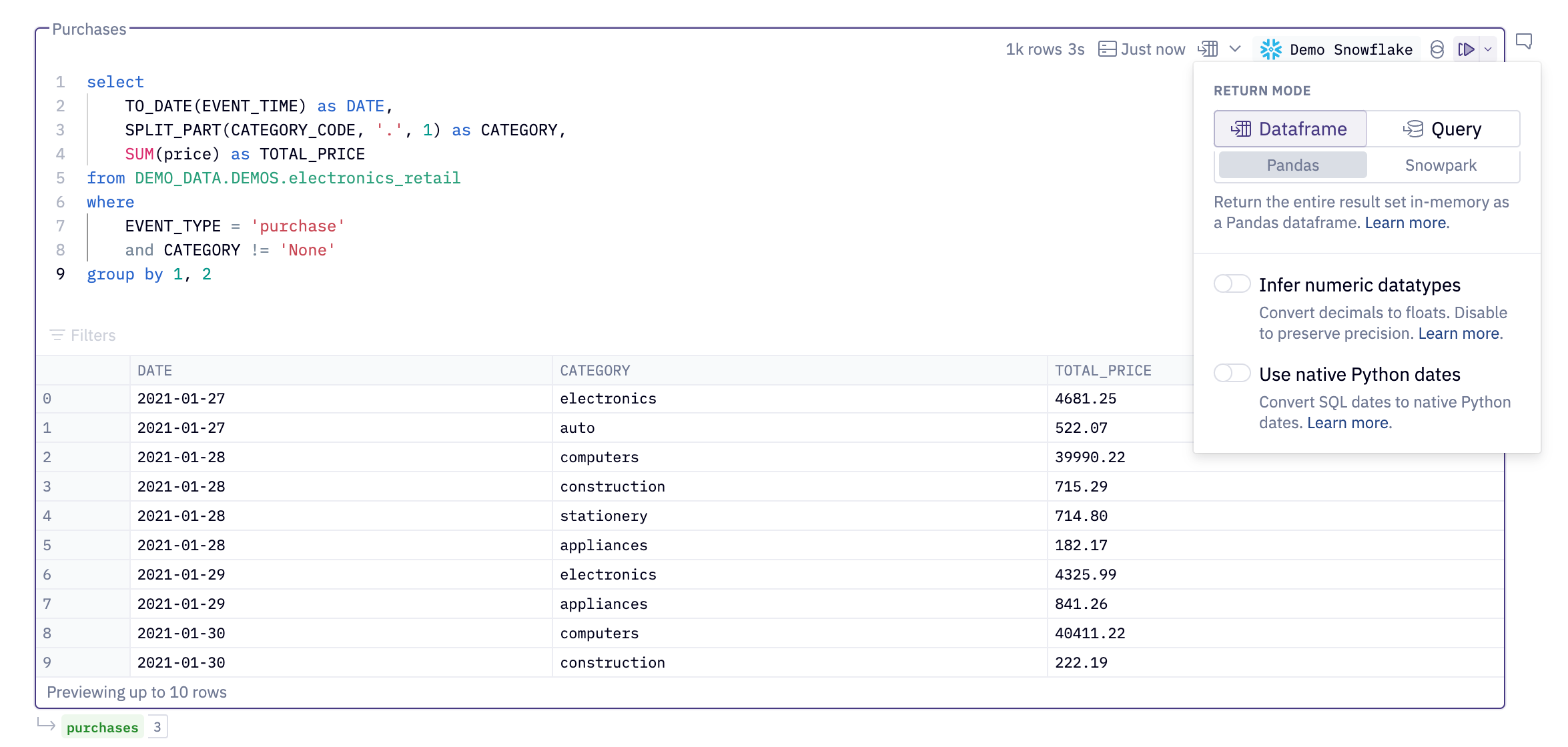 A Hex SQL cell displaying cache options
