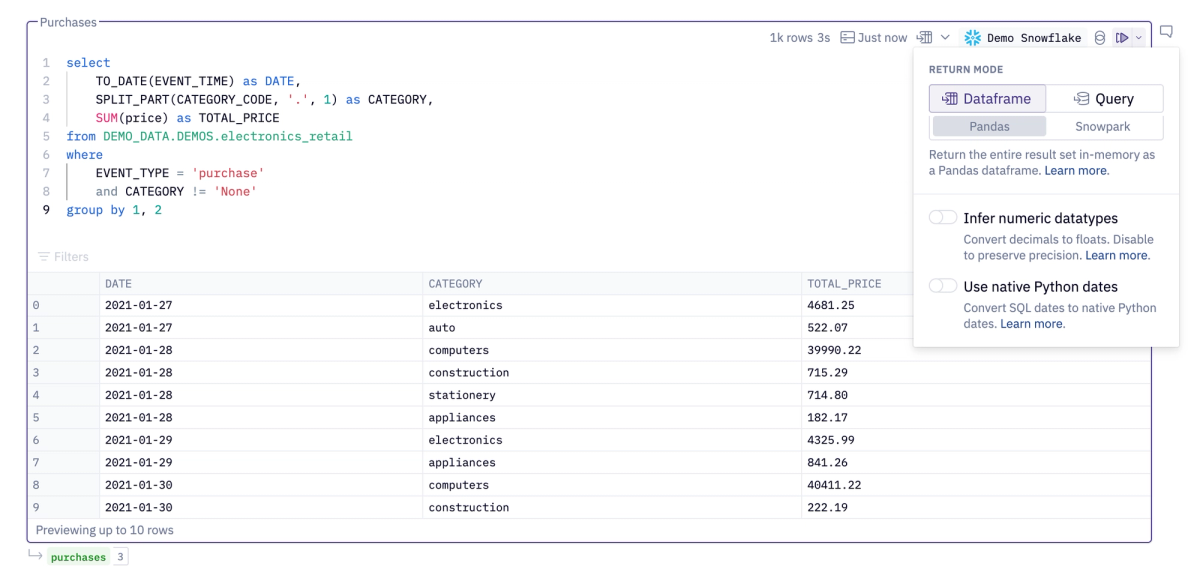 A Hex SQL cell displaying cache options
