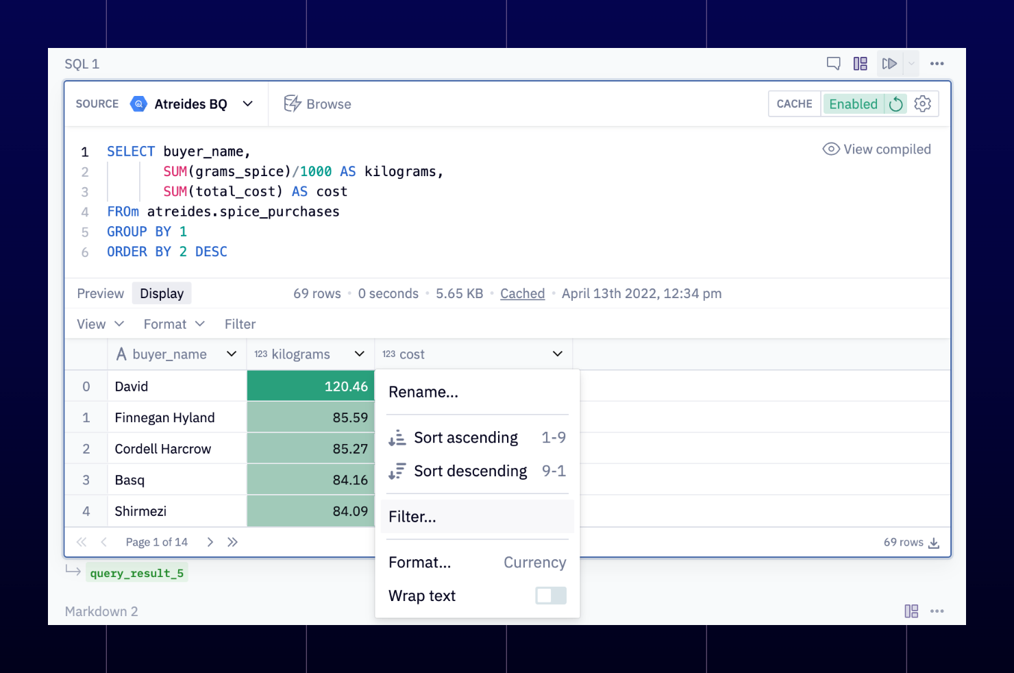 SQL query powering a Table Display cell