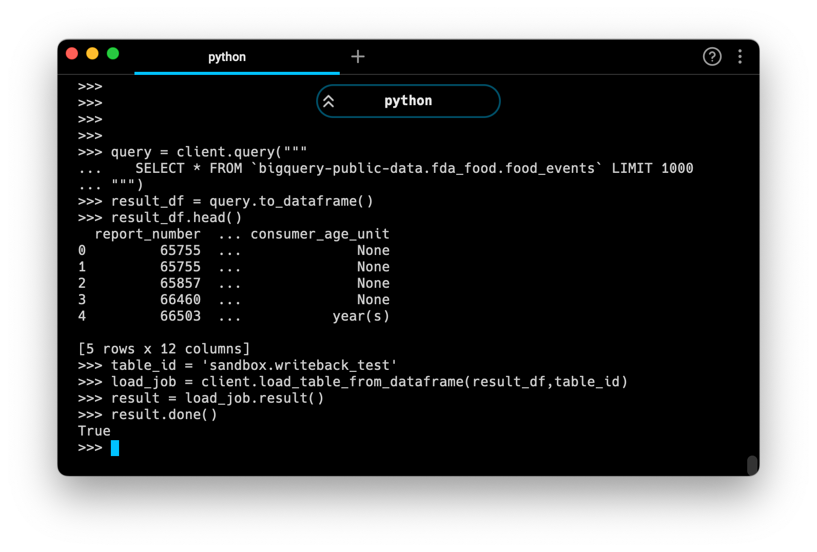 A successful DataFrame writeback to BigQuery