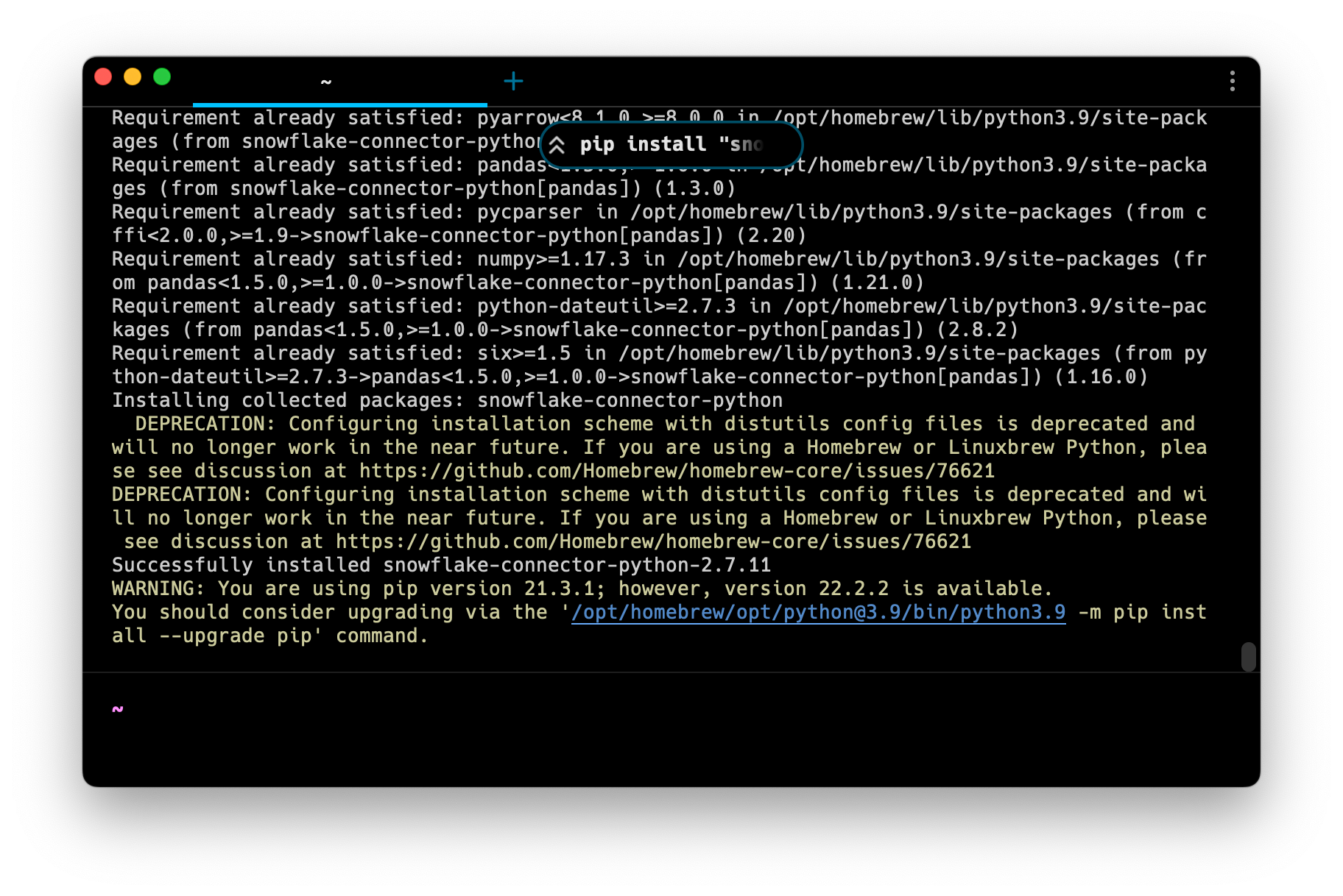 pip installing the snowflake connector