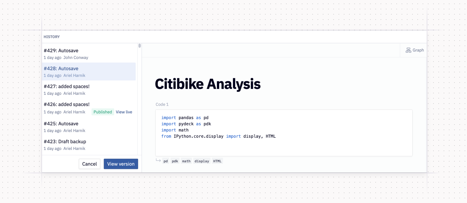 User views version history in Hex to restore a previous embedded analytics app without affecting live data