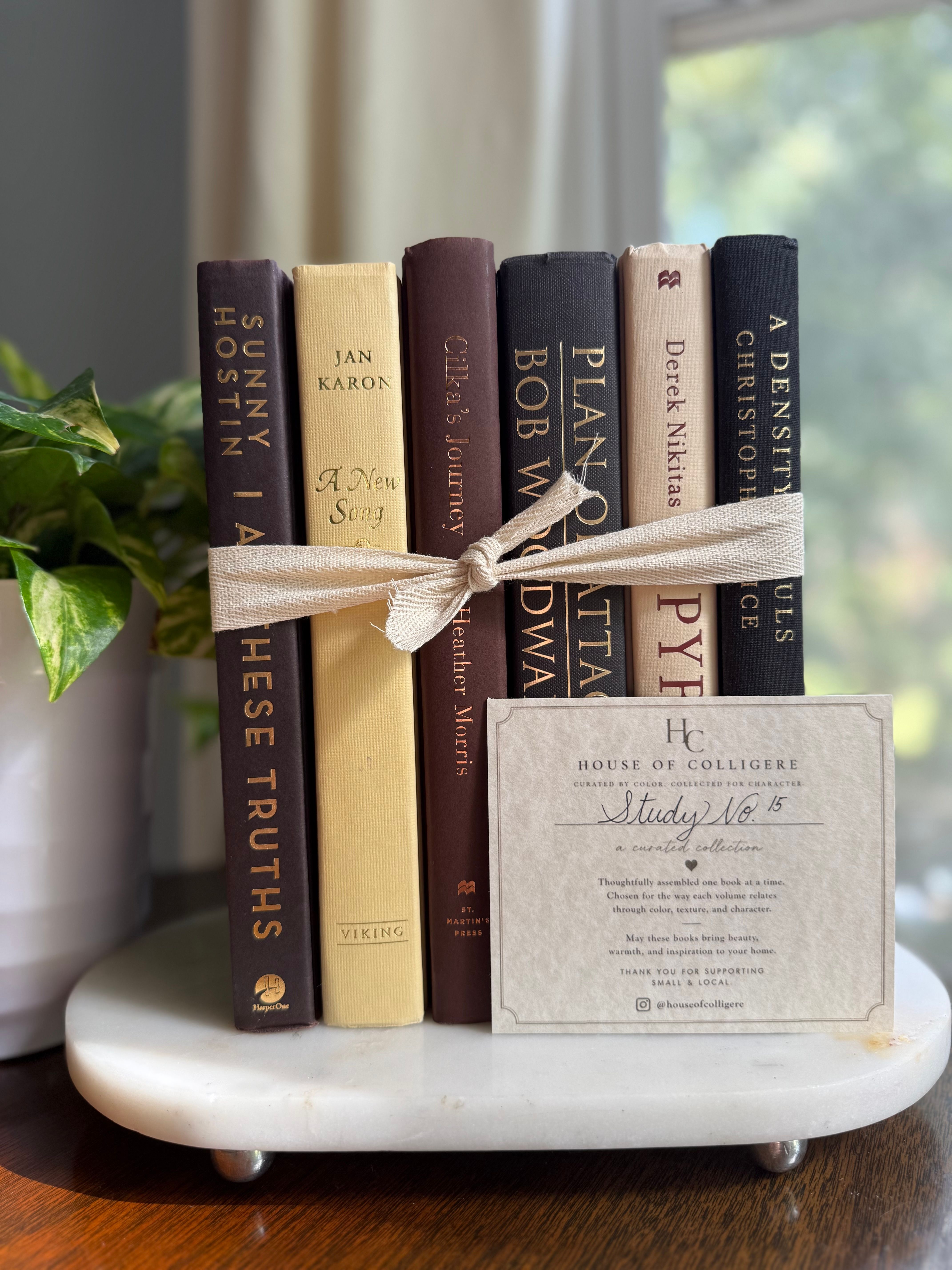 Curated collection of warm brown, olive, tan, and aged neutral books with a traditional library palette.