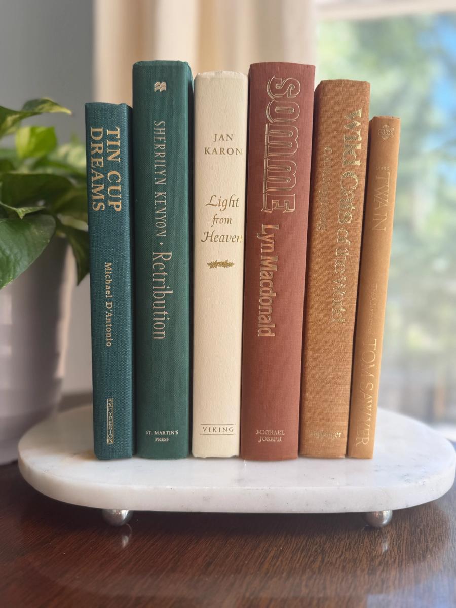 Curated collection of rich brown, hunter green, deep navy, and warm ivory books with classic gold accents.