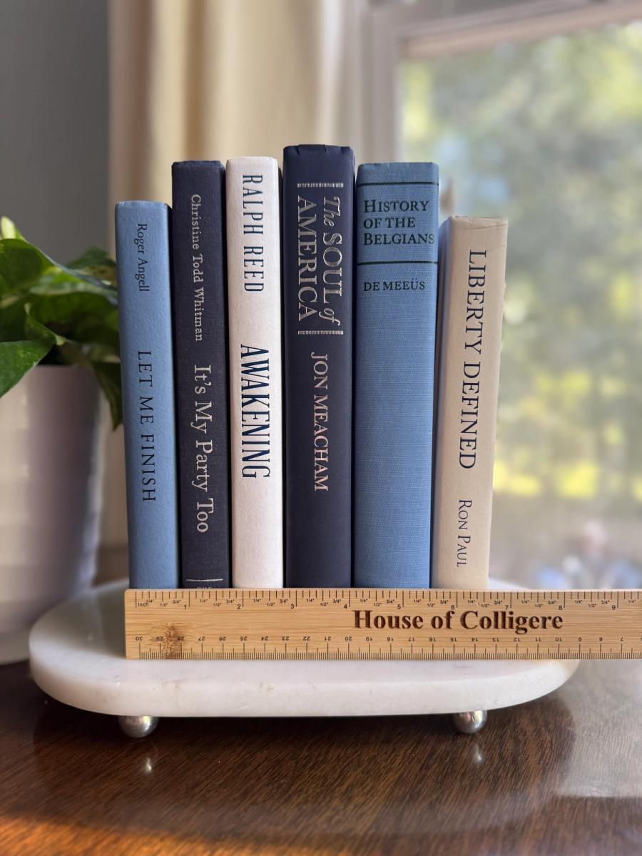 Curated collection of layered blue books ranging from pale coastal blue to deeper ocean tones.