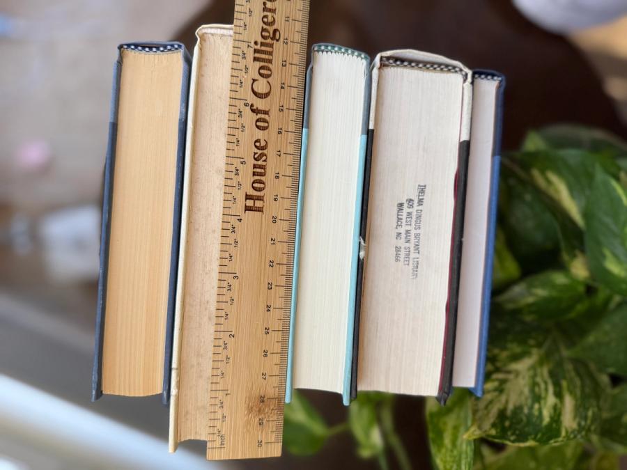 Curated collection of layered blue books ranging from pale coastal blue to deeper ocean tones.