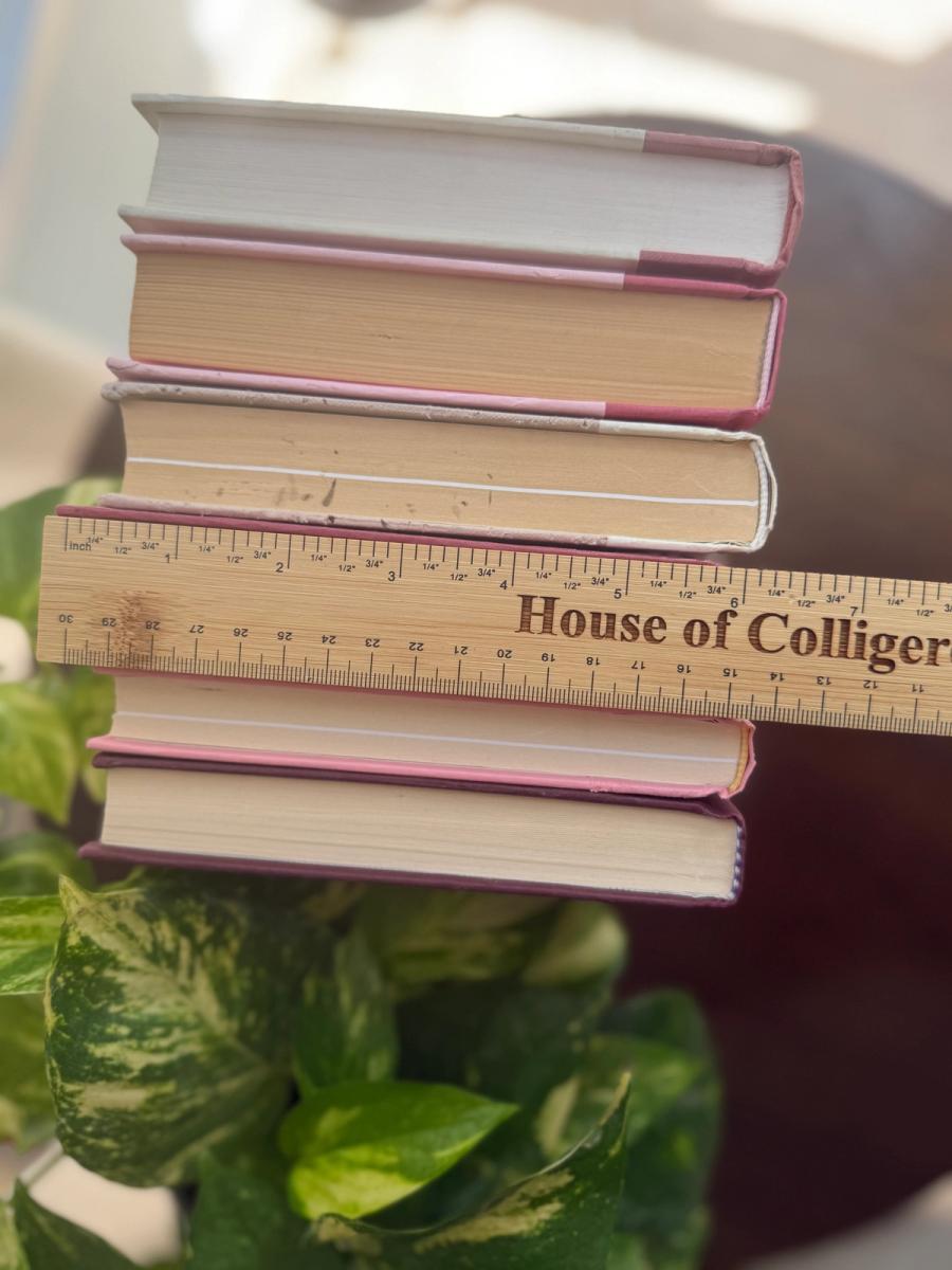 Curated collection of blush, dusty rose, warm taupe, and softly muted neutral books.
